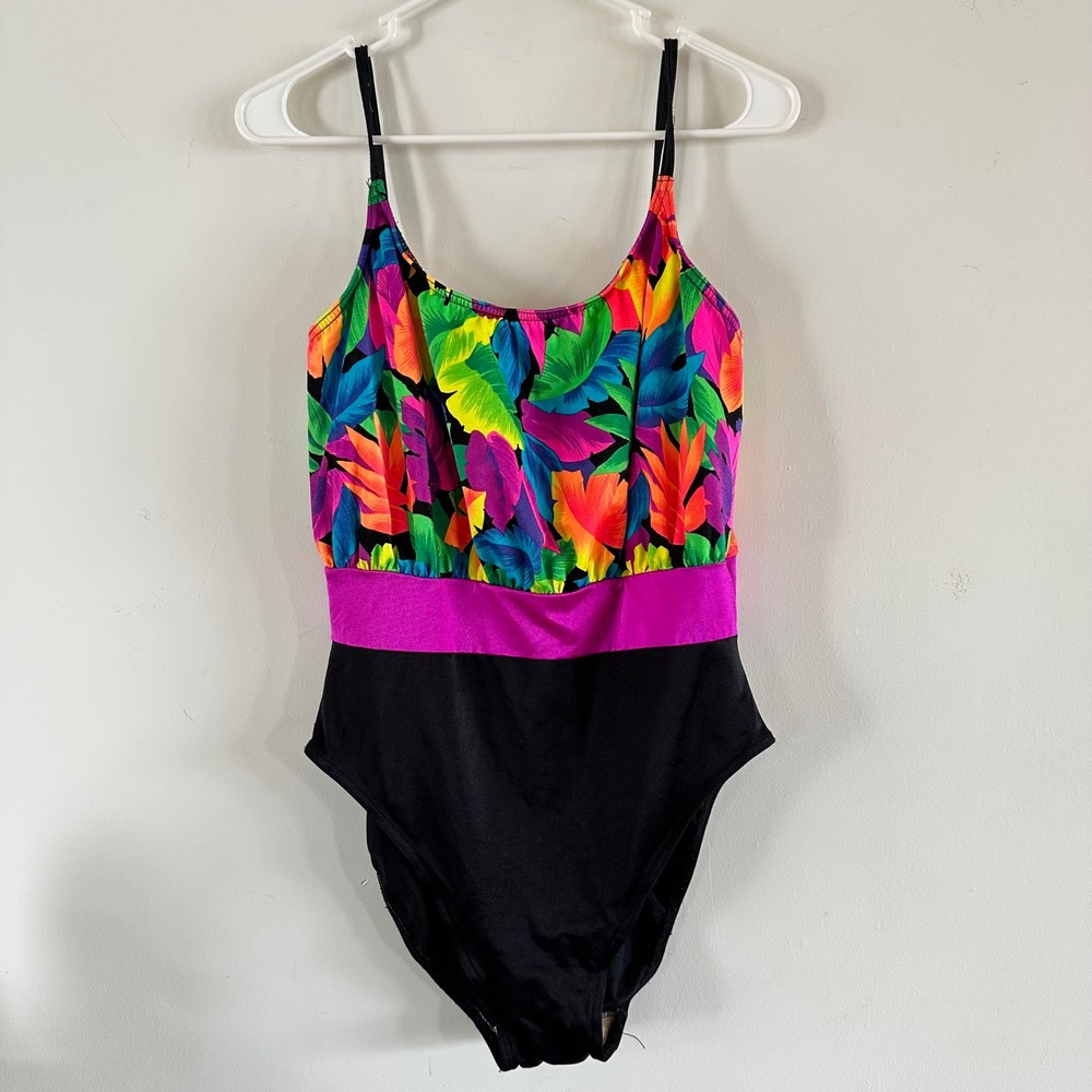Vtg Body ID by Balle Tropical Neon Leaf One Piece Swimsuit Black Pink Sz 16